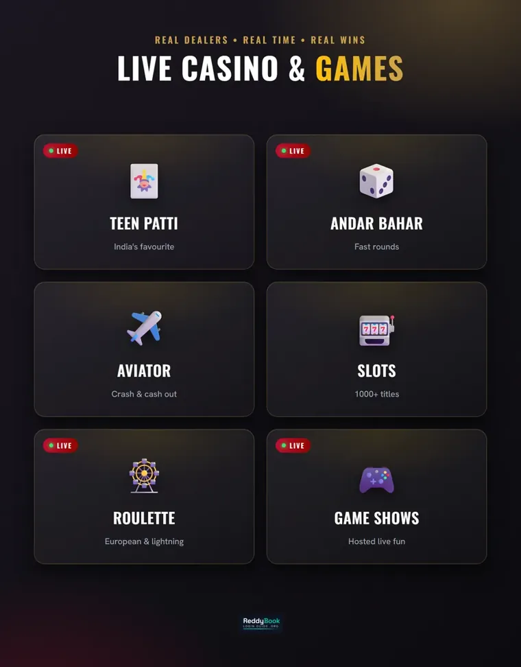 Live casino, Teen Patti, Andar Bahar, Aviator, slots and game shows